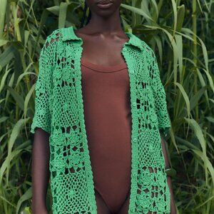 Zara Top CROCHET KNIT POLO Green XS-S